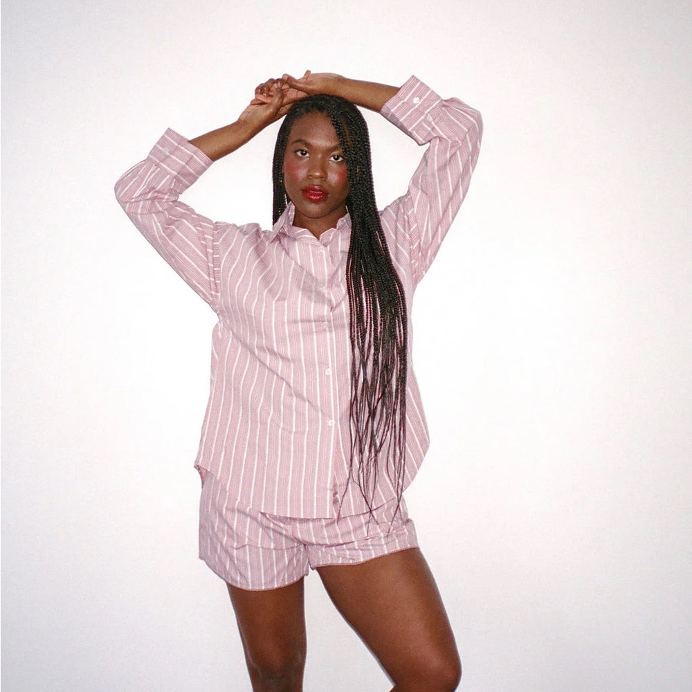 PARKE Women's Pink Striped Boyfriend Button Down Shirt
